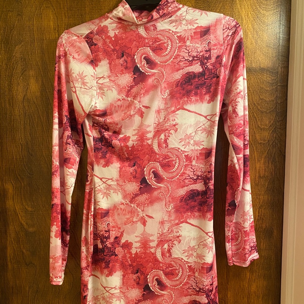 Hot Pink Dragon Long Sleeve Bodycon Dress